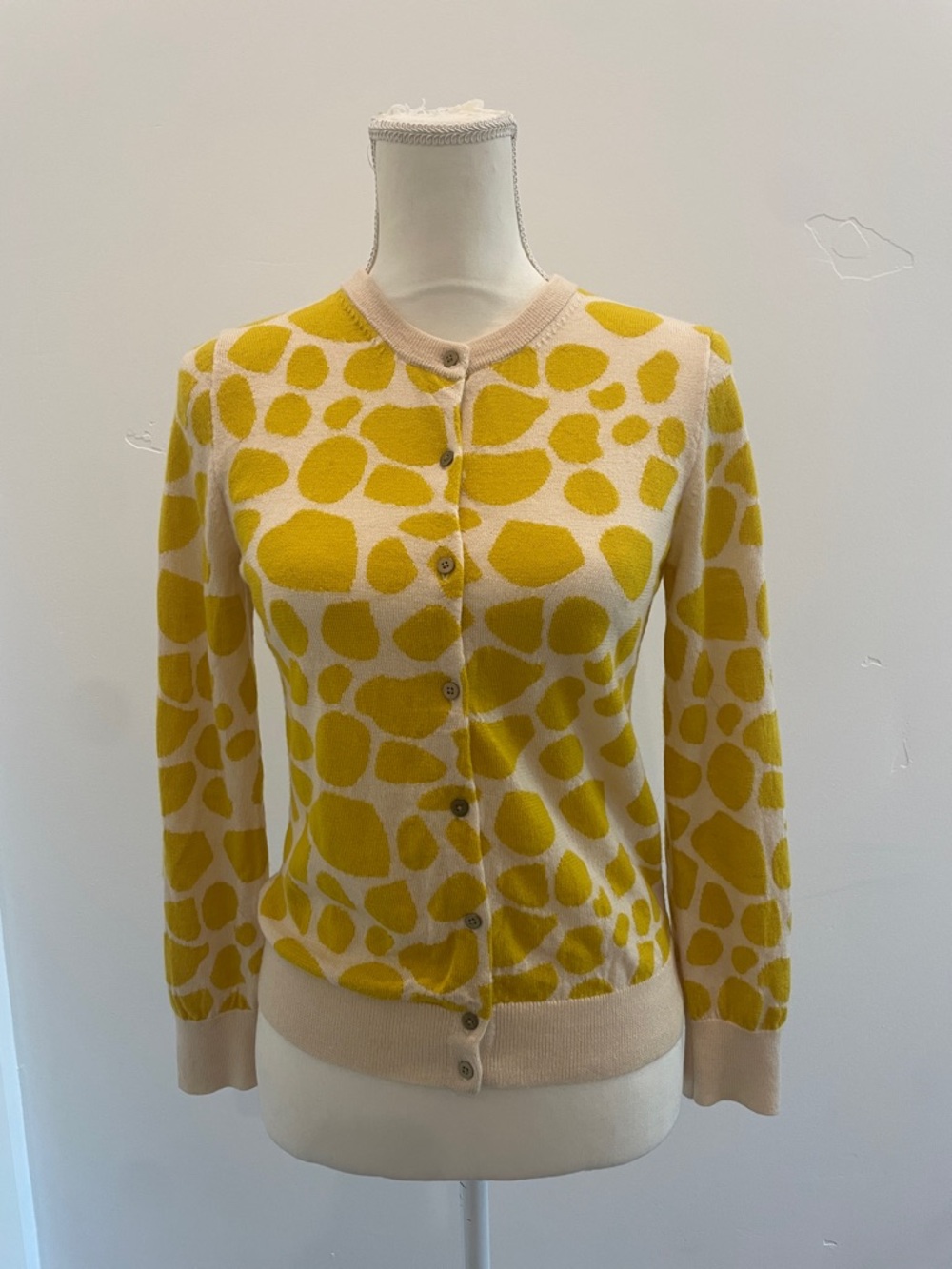 J. Crew Crewneck Cardigan w/ Metal Buttons. Nice Cream  rib trim. Leopard Spots?